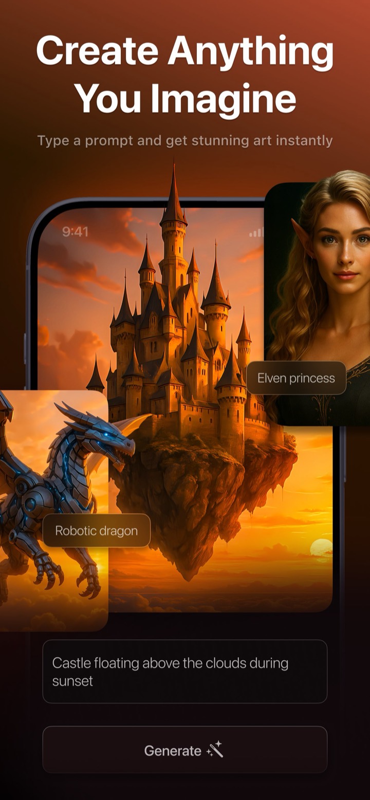 Photix AI Generate screen turning the prompt 'castle floating above the clouds during sunset' into artwork, with elven princess and robotic dragon examples